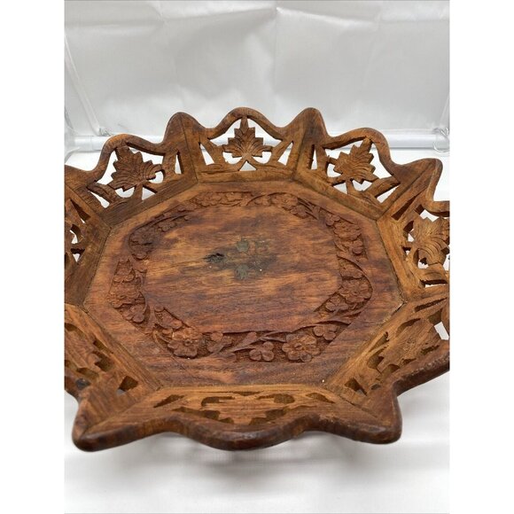Vintage Octagonal Wood Serving 10.5" Tray Floral Center Hand Carved Artisan Boho - Picture 5 of 16
